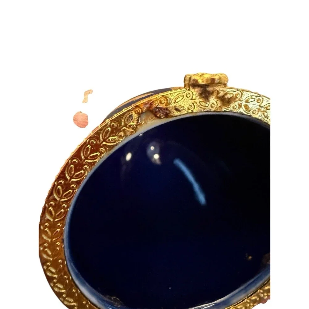 Cobalt Blue Porcelain Egg Form Trinket Box w/ Flowers Decoration